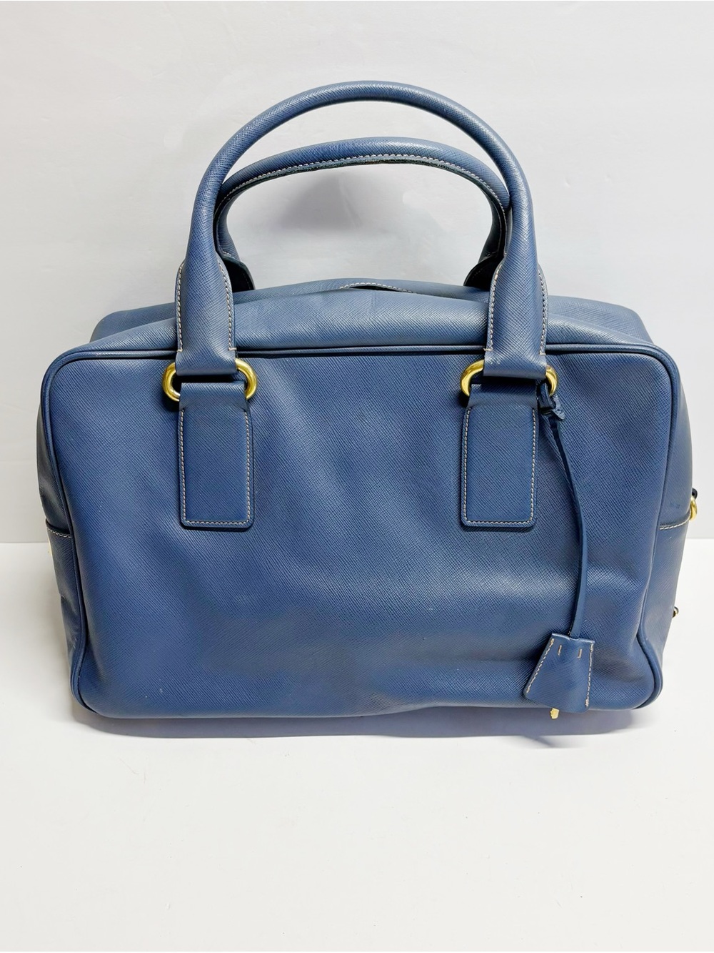 Prada Blue Saffiano Leather Satchel with Gold Hardware
